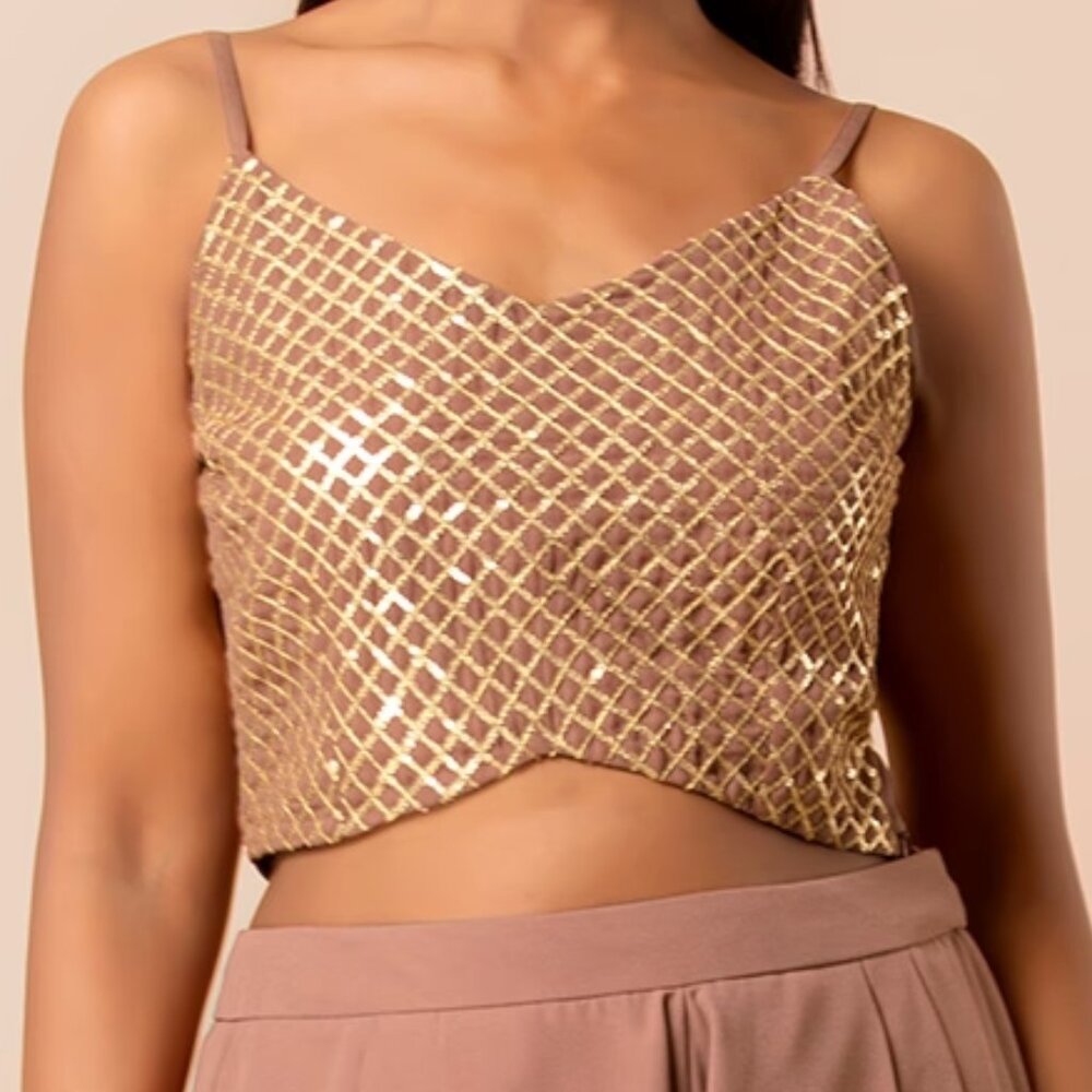 Rose Pink Sequin Embroidered Strappy Crop Top